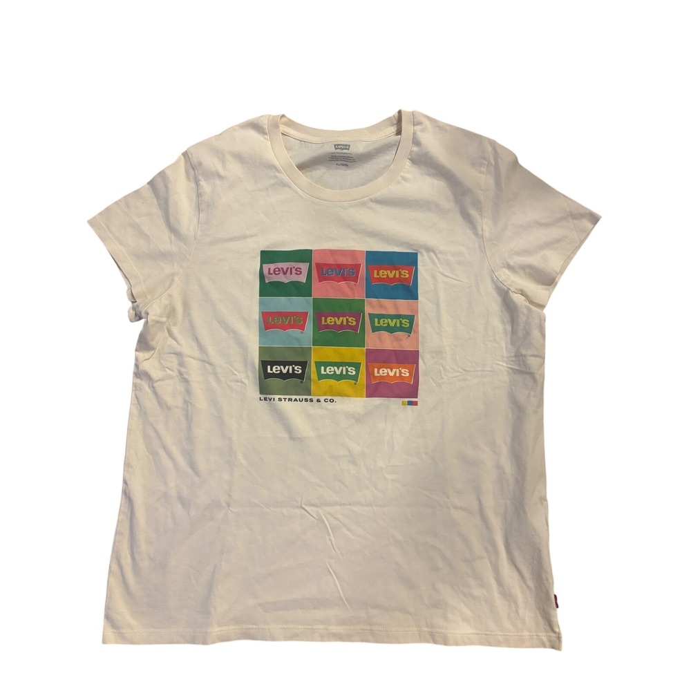 Levis Mens XL Graphic T-Shirt Cream Off White Colorful Batwing Logo Pop Art Tee